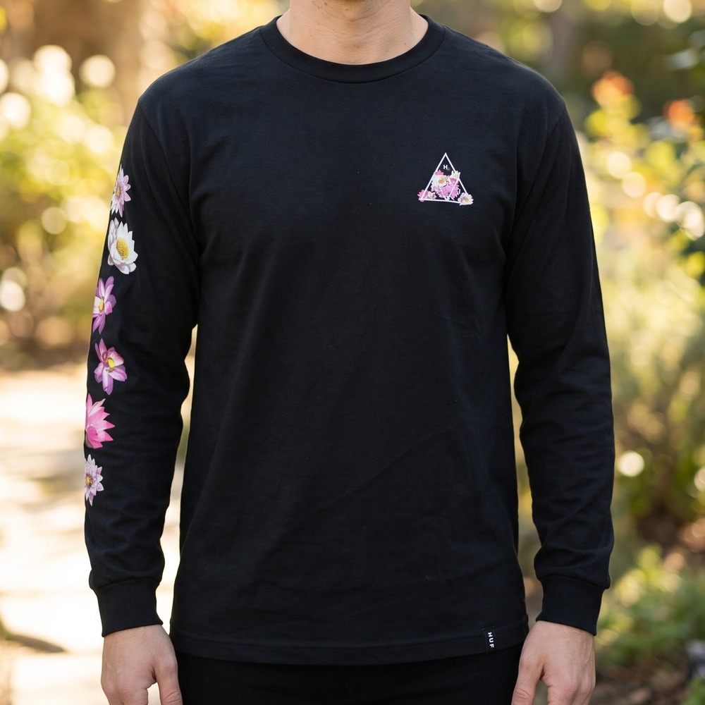 HUF Mens Black Floral Triple Triangle Graphic Long Sleeve T-Shirt
